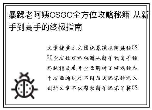 暴躁老阿姨CSGO全方位攻略秘籍 从新手到高手的终极指南